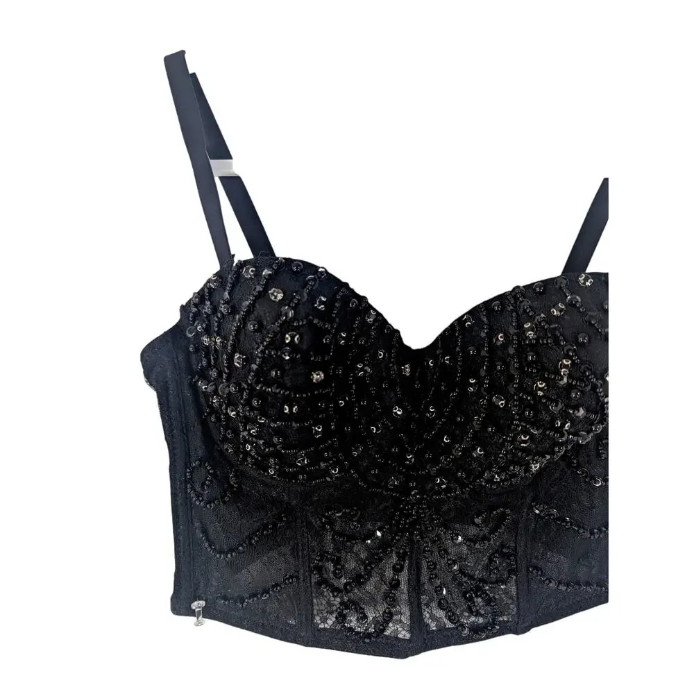 WINDSOR! DAZZLING BLACK BEAD, RHINESTONE & SEQUIN BUSTIER BRA TOP! SIZE XS
